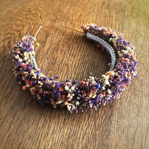 Bandeau à fleurs stabilisées violet et rose pour mariée. Serre-tête violet fleur stabilisée pour invitée. Couronne de style Boho ou hippie.