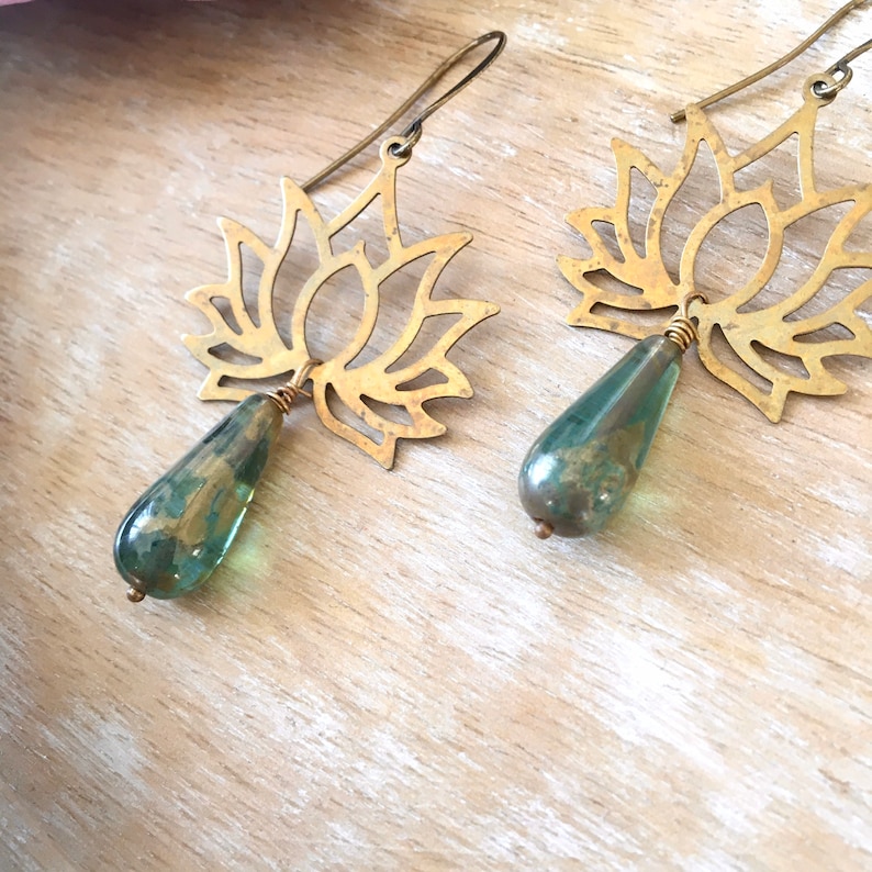 Oxidized Brass Lotus Boho Earrings with Gold /& Green Czech Glass Drops