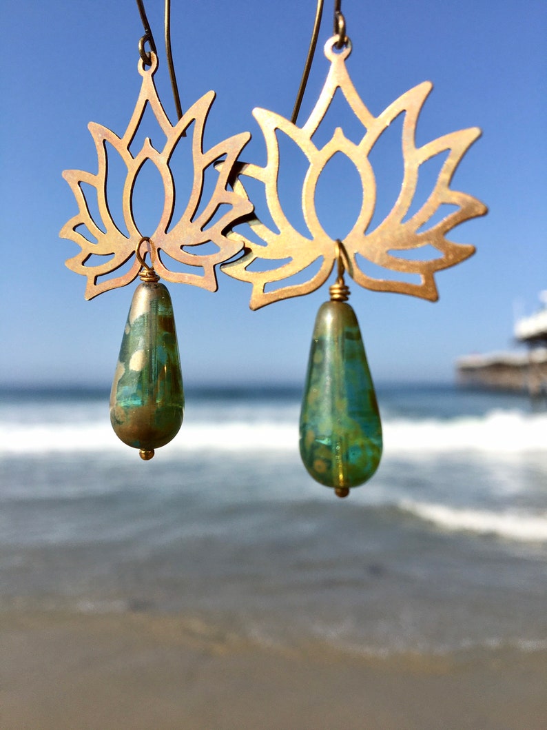 Oxidized Brass Lotus Boho Earrings with Gold /& Green Czech Glass Drops