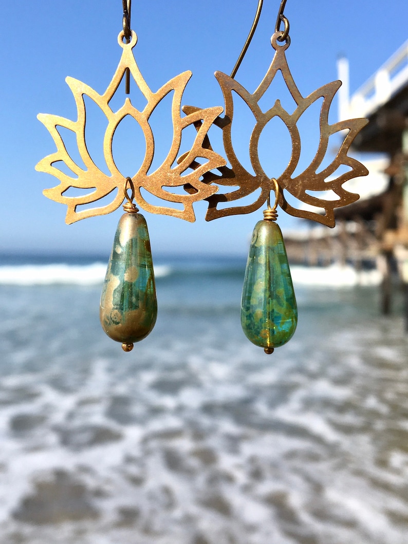Oxidized Brass Lotus Boho Earrings with Gold /& Green Czech Glass Drops