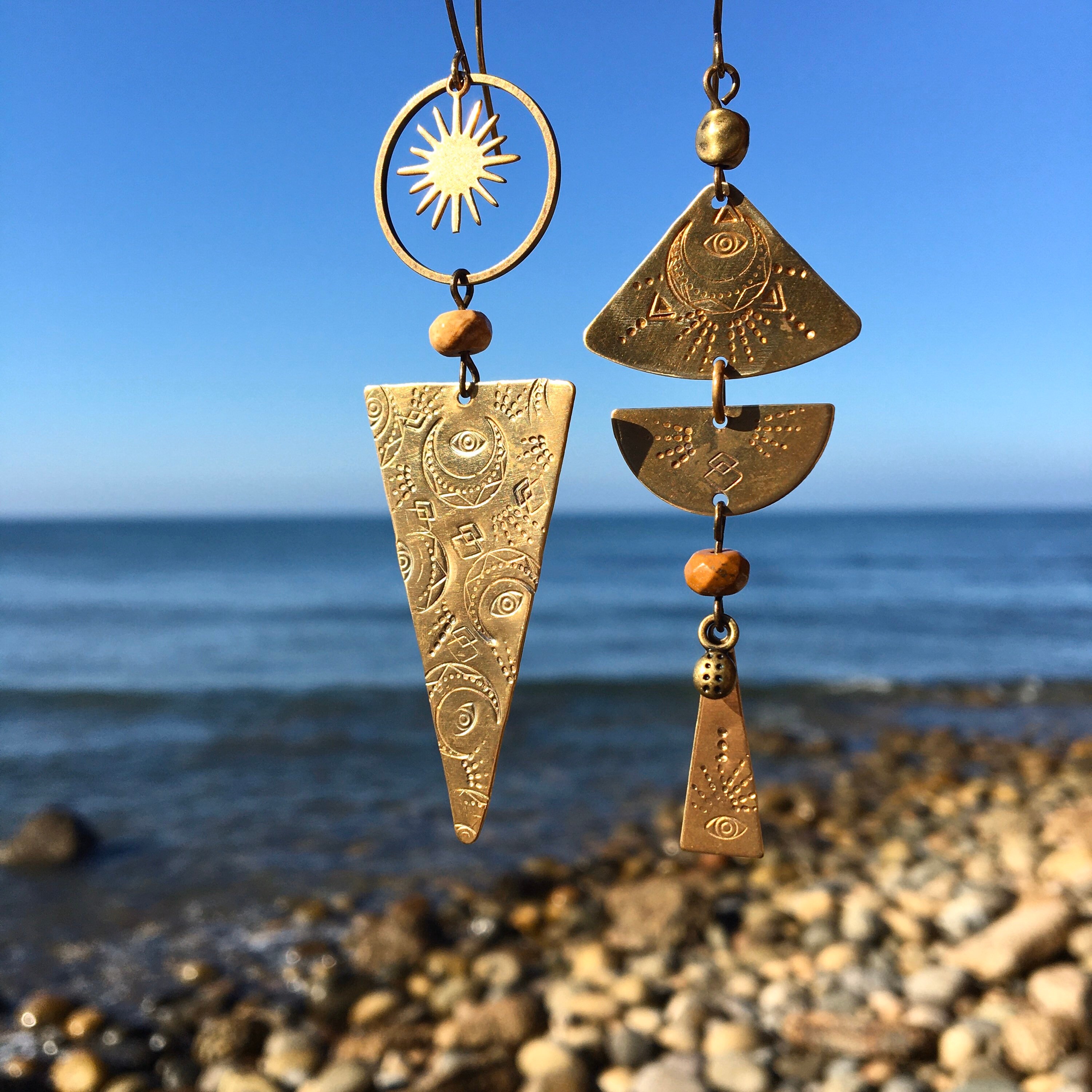 Asymmetrical Boho Stamped Brass Hoop Triangle Tribal Earrings with Ja…