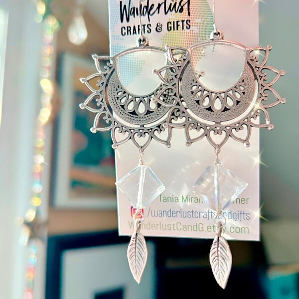 Silver Pewter Filigree Earrings with Gorgeous Clear Quartz Diamonds & Leaf Dangles, Wanderlust Earrings - Made to Order