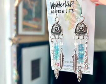 Stacked gemstone boho earrings with Turkish silver pewter dangles, Fluorite, wanderlust one of a kind artisan earrings