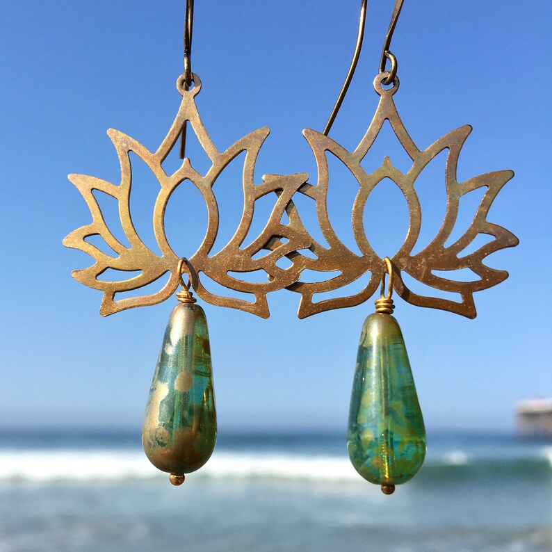 Oxidized Brass Lotus Boho Earrings with Gold /& Green Czech Glass Drops