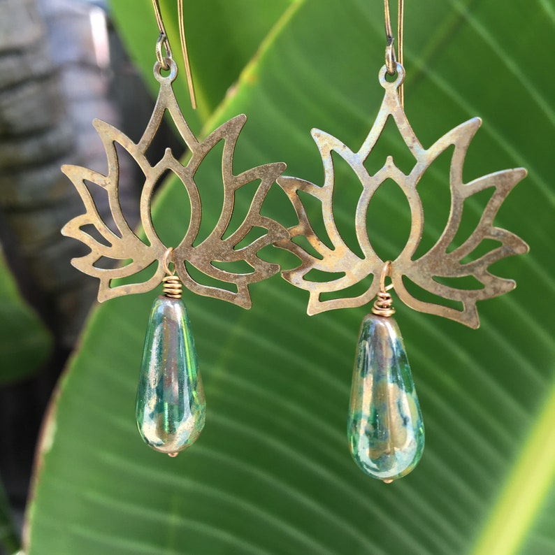 Oxidized Brass Lotus Boho Earrings with Gold /& Green Czech Glass Drops