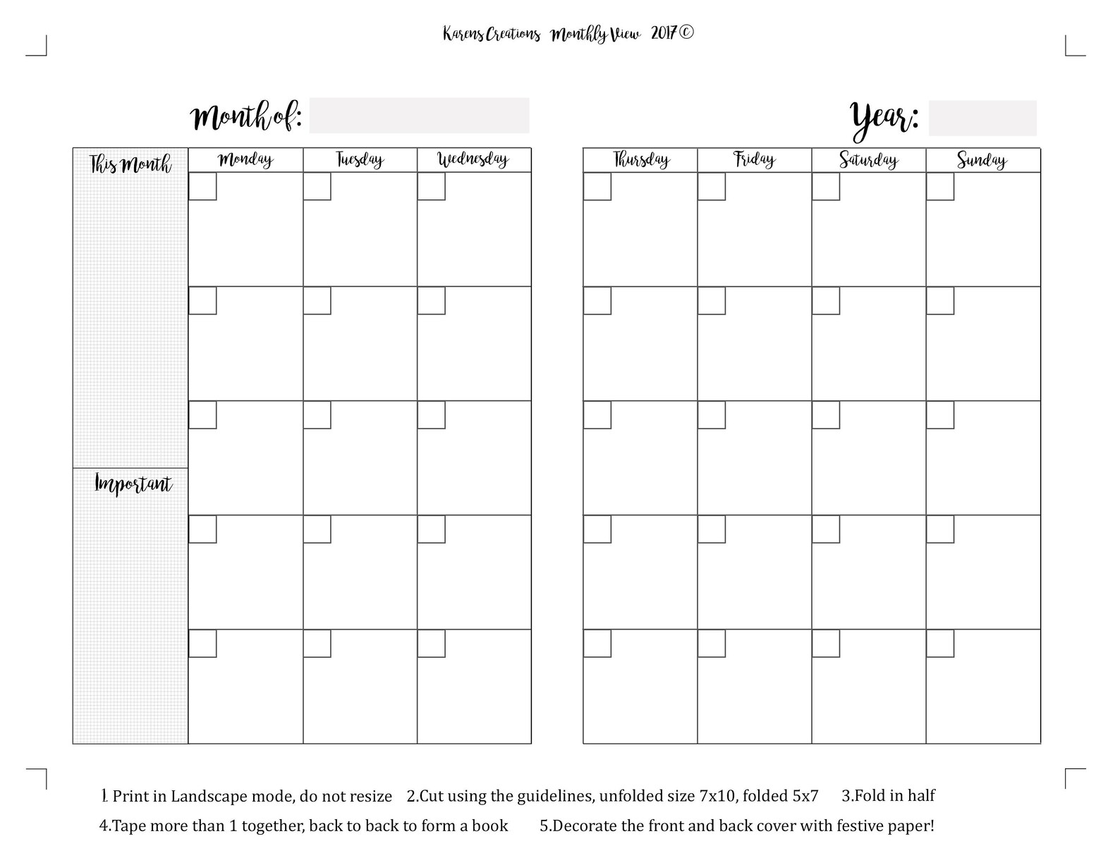 B6 Monthly Calendar 5x7 Download and Print JPG and PDF - Etsy