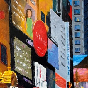 May include: Oil painting of a city street scene at night, with bright neon signs and billboards. The artwork depicts a bustling urban environment with buildings, advertisements, and a crowd of people. The color palette includes yellows, reds, and blues.