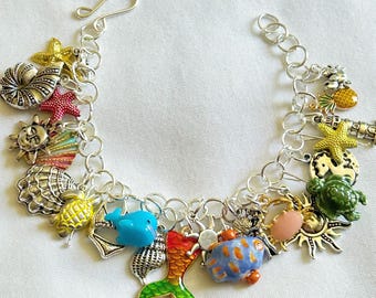 Loaded Charm Bracelet, Beach Bracelet, Chunky Bracelet, Mermaid Bracelet, Tropical Bracelet, Summer Bracelet