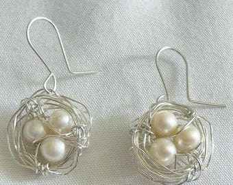 Birds Nest Earrings, Freshwater Pearl Earrings, Easter Earrings, Wedding Earrings, Bridal Earrings, Birds Egg Earrings