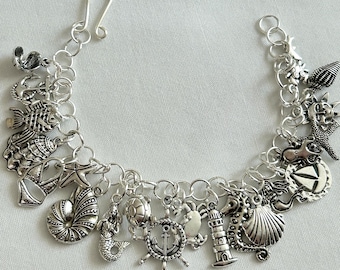Loaded Charm Bracelet, Beach Bracelet, Chunky Bracelet, Nautical Charm Bracelet, Mermaid Bracelet, Sea Life Bracelet, Starfish Bracelet