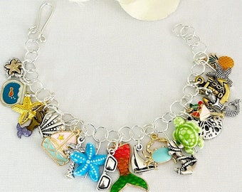 Loaded Charm Bracelet, Beach Charm Bracelet, Tropical Bracelet, One of a kind Bracelet, Womens Gift Ideas