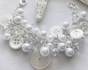 Button Bracelet, Vintage Look Bracelet, June Birthday, Refurbished Button Bracelet, Boho Bracelet, Button Charm Bracelet, Womens Gift Ideas