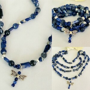 May include: A collection of blue sodalite bead necklaces and bracelets. The jewelry features a variety of bead shapes, including round and rectangular, with silver-colored spacers. A silver dragonfly charm dangles from the necklace and bracelet.