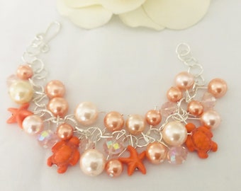 Beach Charm Bracelet, Turtle Bracelet, Starfish Bracelet, Tropical Bracelet, Womens Gift Ideas