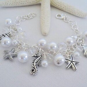 Beach Charm Bracelet, Wedding Bracelet, Seahorse Bracelet, Wedding Bracelet, June Birthstone Bracelet, Starfish Bracelet, Womens Gift Ideas