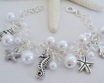 Beach Charm Bracelet, Wedding Bracelet, Seahorse Bracelet, Wedding Bracelet, June Birthstone Bracelet, Starfish Bracelet, Womens Gift Ideas