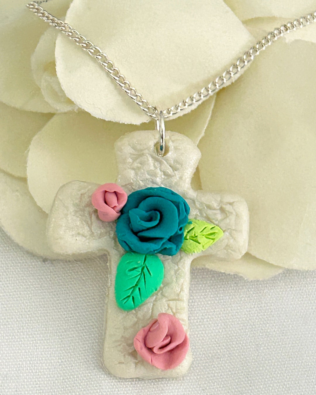 Polymer Clay Cross Floral Polymer Necklace Floral Polymer Etsy