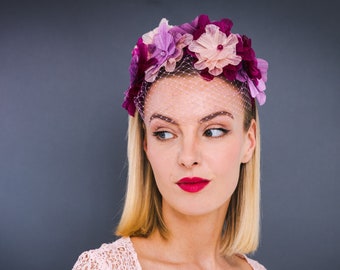 Flower Headband, pink, frida kahlo style with veiling