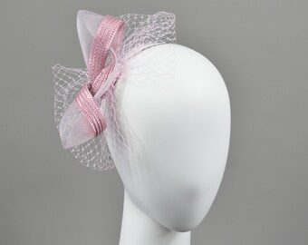 Fascinator bow, sisal with crin and veiling, one size, rose pink and mauve