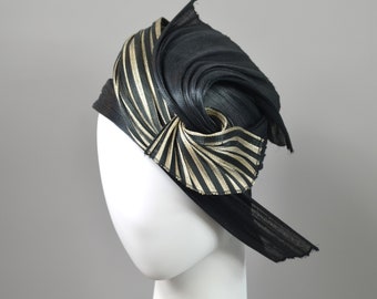 Turban Hat, Cocktail hat, Buntal, black with stripes