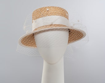 Boater Hat, Natural straw with veiling, wedding hat, summer hat, romantic style