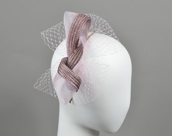 Fascinator with bow and veiling, frosty pink or mauve, hat for wedding guest, cocktail hat