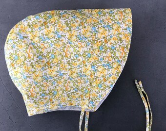 Spring Flowers Baby Bonnet - Infant Sun Hat - 3-6 mo READY TO SHIP - Yellow and Blue Sun Bonnet - Toddler Sun Bonnet - Baby Girl Gift