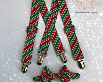 Holiday Christmas Suspenders Bow Tie Set Reindeer Xmas Tree Candy Cane Green