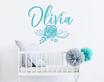 Nursery Flower Monogram with Name - Vinyl Text Wall Art Custom Home Decor