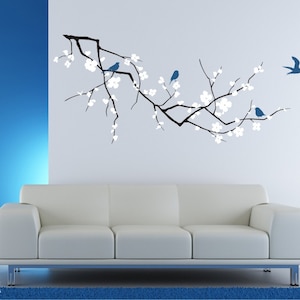 Sticker mural arbre fleurs de cerisier avec oiseaux - Art mural en vinyle, décoration d'intérieur personnalisée