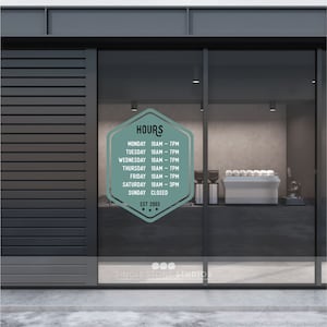 Calcomanía hexagonal personalizable con el horario de la tienda comercial - Horario de la tienda de vinilo personalizado