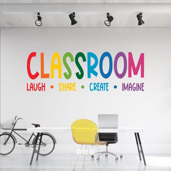 Classroom Laugh, Share, Create, Imagine- classroom decal - Teacher decal- Laugh, Share, Create, Imagine - Rainbow kids - Vinyl