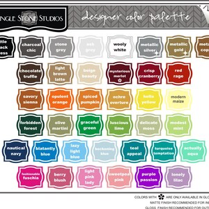 May include: A color palette chart with 48 color swatches and names. The chart is divided into 6 rows and 8 columns. Each color swatch has a name written below it. The names include: little black dress, charcoal chic, stone grey, ash grey, wooly white, metallic silver, metallic gold, metallic copper, chocolate truffle, light brown latte, beige beauty, mysterious merlot, crisp cranberry, red rage, savory sienna, opulent orange, spiced pumpkin, ochre overture, hello yellow, modern maize, forbidden forest, olive martini, graceful green, luscious lime, delicate moss, modest mint, nautical navy, blatantly blue, lazy light blue, beckoning blue, teal appeal, turquoise temptation, actually aqua, fashionable fuschia, berry blush, light pink lady, sweetpea pink, purple passion, lonely lilac.