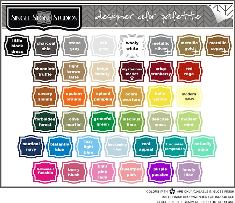 May include: A color palette chart with 48 color swatches and names. The chart is divided into 6 rows and 8 columns. Each color swatch has a name written below it. The names include: little black dress, charcoal chic, stone grey, ash grey, wooly white, metallic silver, metallic gold, metallic copper, chocolate truffle, light brown latte, beige beauty, mysterious merlot, crisp cranberry, red rage, savory sienna, opulent orange, spiced pumpkin, ochre overture, hello yellow, modern maize, forbidden forest, olive martini, graceful green, luscious lime, delicate moss, modest mint, nautical navy, blatantly blue, lazy light blue, beckoning blue, teal appeal, turquoise temptation, actually aqua, fashionable fuschia, berry blush, light pink lady, sweetpea pink, purple passion, lonely lilac.