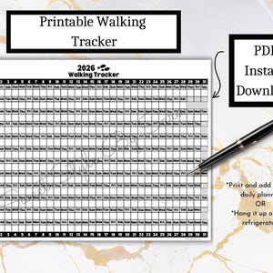 May include: A printable 2026 walking tracker with a black border and the text "Printable Walking Tracker". The tracker is a PDF for instant download. A black pen points to the tracker. The text "Print and add to your daily planner OR Hang it up on your refrigerator" is also included.