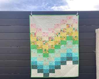 Green Brook Baby Quilt - Handmade Modern Patchwork baby quilt for sale Crib Toddler size Green Butterflies Rainbow Florals Lush Flowers