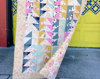 Rose Gold Triangle Quilt - Metallic Gold, Roses Butterflies Pink - Handmade Modern Patchwork Toddler Lap Baby Quilt for sale - vintage style