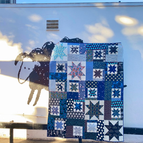 Winnebago Road Trip Quilt - twin size Handmade Modern Patchwork - Blue Black Gray Navy - Wanderlust Camper Van Dorm Bedding - Star Lap Throw