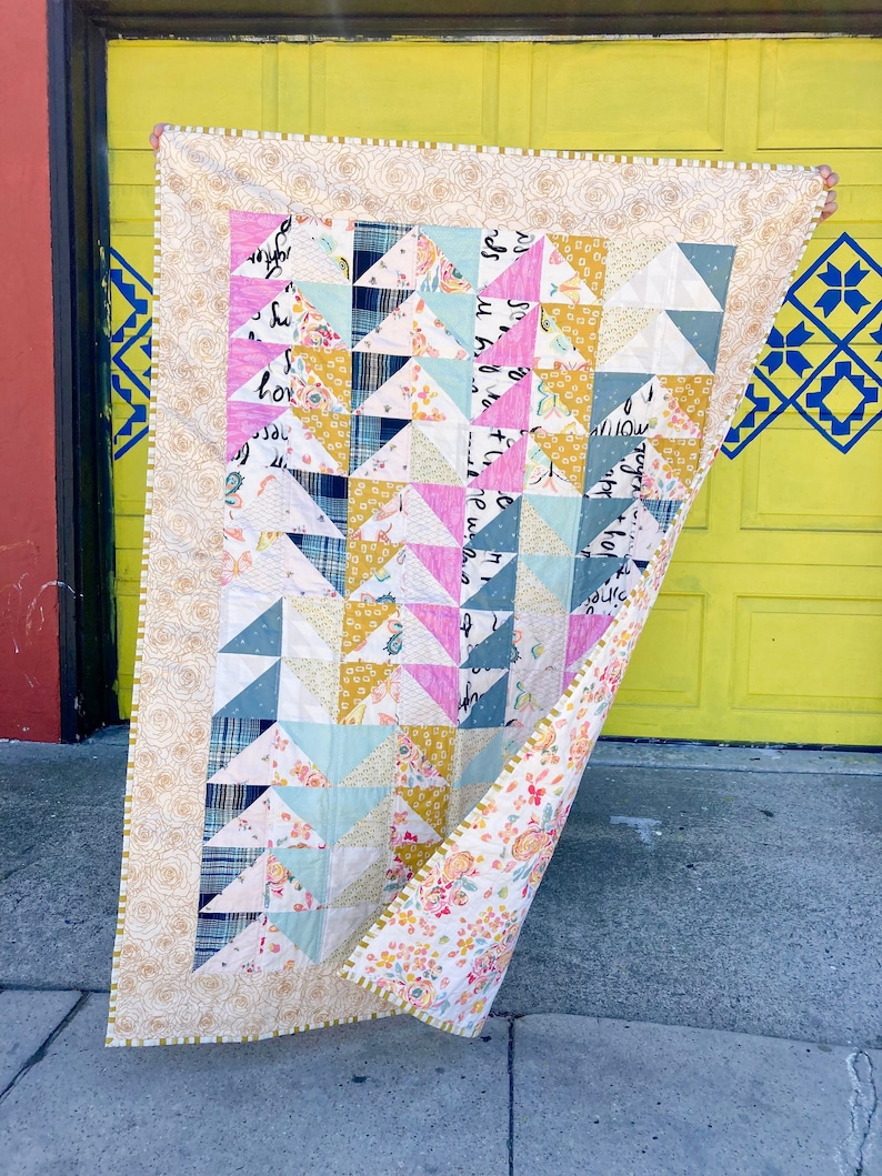 Rose Gold Triangle Quilt Metallic Gold, Roses Butterflies Pink Handmade Modern Patchwork Toddler Lap Baby Quilt for sale vintage style image 1