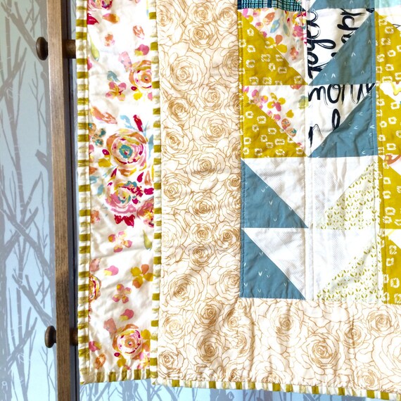 Triangle Baby Bedding Modern Mustard Pink Gold Baby Quilt Floral Girl Crib Quilt