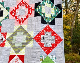 Gnome and Garden Meadowland quilt - twin size - lap throw or bed - red pink green black - handmade retro style modern patchwork