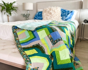 Albers Green Throw Quilt - Mod Color Pop Floral Handmade Modern Patchwork - Log Cabin - Mid Mod Style - Colour Study - Lap Throw Bunk Quilt