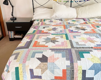 Flower Fields Quilt - Handmade Modern Patchwork - Vintage Retro Style Fresh Bright Multicolored Twin Double Queen Bed Quilt