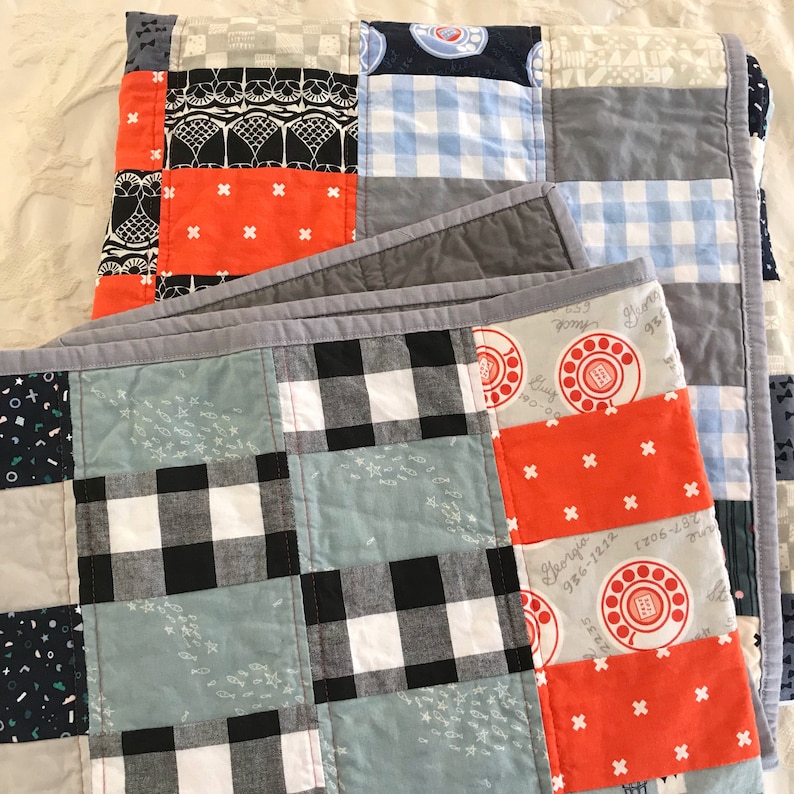 Toddler quilt Sofa Throw quilt Lap Quilt Vintage Modern Quilt Handmade Patchwork navy and red orange Retro Quilt