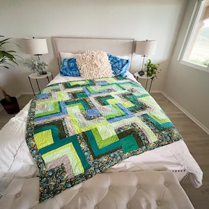 Albers Green Throw Quilt Mod Color Pop Floral Handmade Modern Patchwork Log Cabin Mid Mod Style Colour Study Lap Throw Bunk Quilt image 6