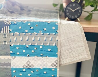 Village Fete baby quilt in BLUE - modern style traditional patchwork crib toddler size - blue gray black white - sheep stripes - baby shower