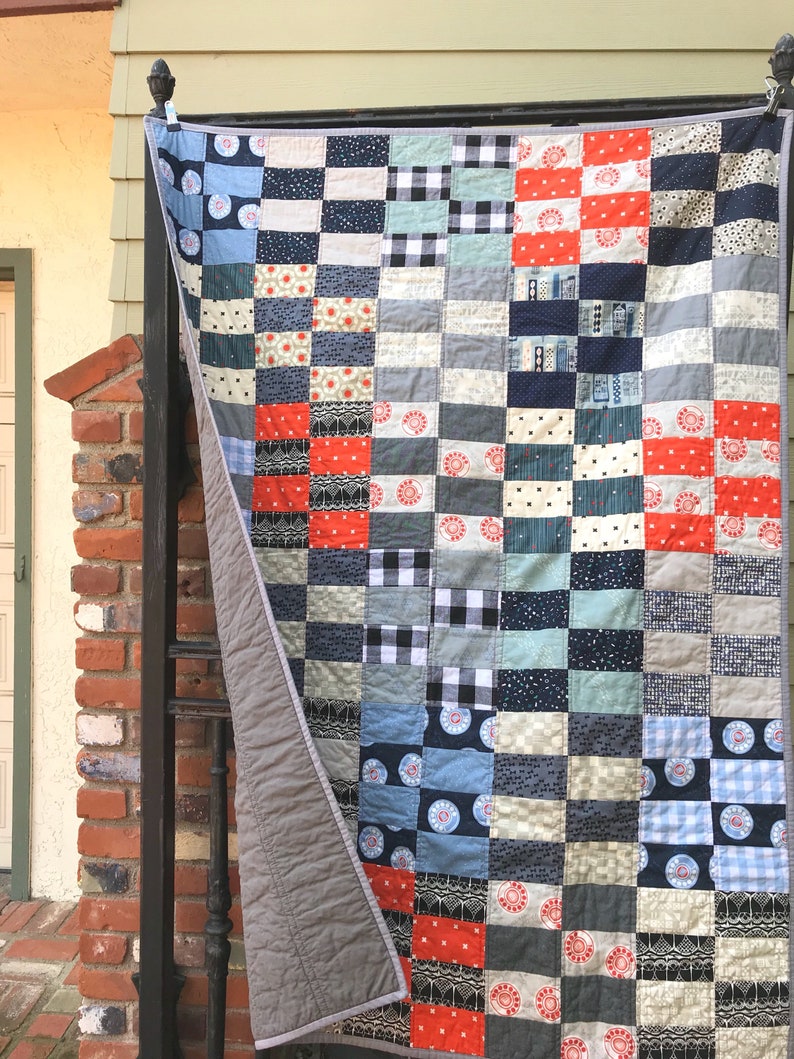 Toddler quilt Sofa Throw quilt Lap Quilt Vintage Modern Quilt Handmade Patchwork navy and red orange Retro Quilt