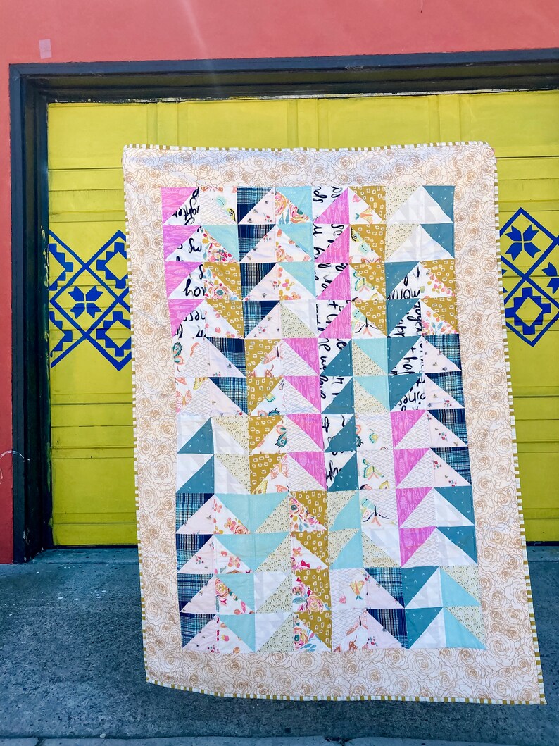 Rose Gold Triangle Quilt Metallic Gold, Roses Butterflies Pink Handmade Modern Patchwork Toddler Lap Baby Quilt for sale vintage style image 7