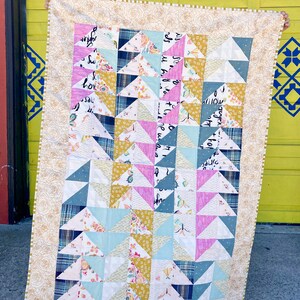Rose Gold Triangle Quilt Metallic Gold, Roses Butterflies Pink Handmade Modern Patchwork Toddler Lap Baby Quilt for sale vintage style image 2