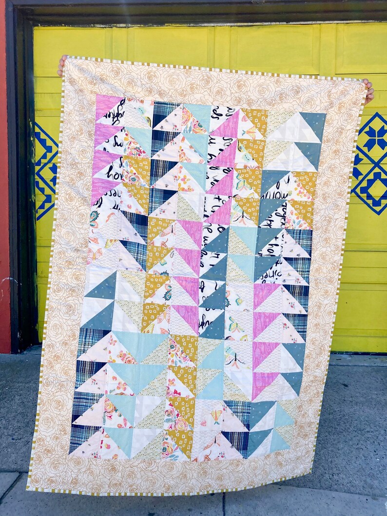 Rose Gold Triangle Quilt Metallic Gold, Roses Butterflies Pink Handmade Modern Patchwork Toddler Lap Baby Quilt for sale vintage style image 2